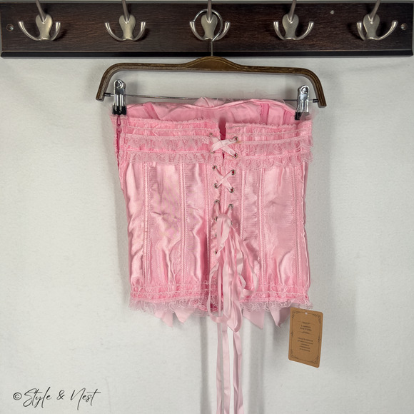 Pink Satin Bow Corset Lace Up Coquette Fairycore Renaissance Faire Women's Small - Picture 3 of 3